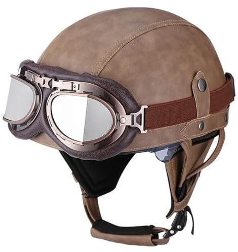 Mezzo Casco Jet Moto Retrò ECE Omologato Pelle Stile Tedesco Casco Scodella Moto Caschi Cromwell Con Visiera Casco Da Motociclista Per Uomo Donna Biker Cruiser Scooter 2,M:57-58CM