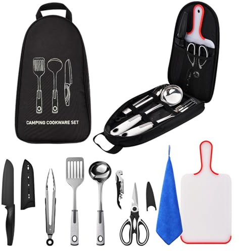 Sadodo Camping-Kochutensilien-Zubehör-Set, 9-teilig, Camping-Küchenutensilien-Organizer, Edelstahl, multifunktionaler Schneider, Löffel, Spatel, Reinigungstuch mit Aufbewahrungstasche