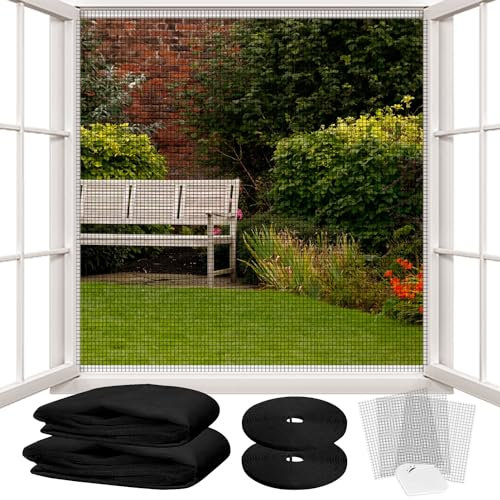 LATRAT - Mosquitera para puerta de balcón, jardín, protección de ventana de gato, ajustable, malla fina antiinsectos con cintas adhesivas sin taladrar (negro, 150 x 180 cm, lote de 2)