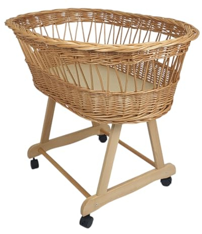 WIKLINOPOL IRENEUSZ ZYGMUNT WICKER WOOD BABY 2000 EU Stubenwagen aus Weide, Braun, Retro-Bettchen, Bollerwagen mit Untergestell aus robuster Buche