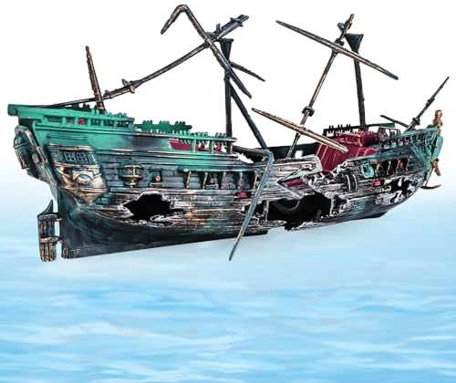 LEKEFETO Decorazione per acquario, naufragio, nave pirata – Air Bubbler pompa ad aria alimentata (verde scuro)