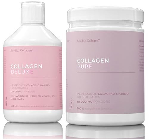 Swedish Collagen- 12500 mg Colágeno Marino Hidrolizado Deluxe Líquido (500 ml) Polvo Puro (300 g) Suplementos Suministro 50 días PéptiPuros Ácido Hialurónico Vitamina C Cabello PiUñas Saludables