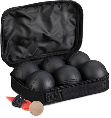 Relaxdays Boule Kugeln, 6 Metall-Kugeln, Set mit Zielkugel & Abstandsmesser, Tragetasche, Boccia Spiel, Stahl, schwarz