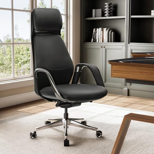 EUREKA ERGONOMIC Bürostuhl Chefsessel Leder, Einfacher, Moderner Arbeitszimmer-Computerstuhl, Business Lift Drehstuhl, Atmungsaktiver und Bequemer Sessel, Boss-Stuhl, Nappaleder, Schwarz