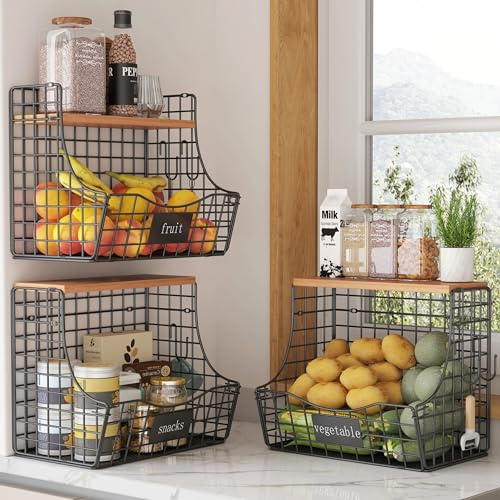 UMDONX 3 Pack Fruit Storage Basket Kitchen Vegetables Organiser Rack 2 Tier, Countertop Fruits Bowl with 5 Banana Hangers, Hanging Wall Mounted Stackable Durable Metal Wooden Lid Black