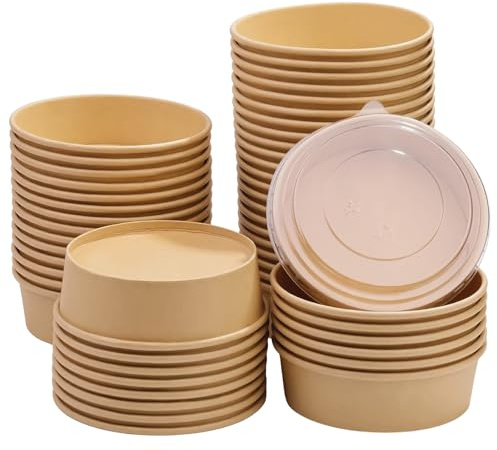 CaterCo Disposable Kraft Salad Containers with Lids (500ml - 50 Sets) - Food Bowl for Hot/Cold Use for Takeaway, Round Leakproof Kraft Paper Container, Microwavable, Eco-Friendly (500ml - 50 Sets)