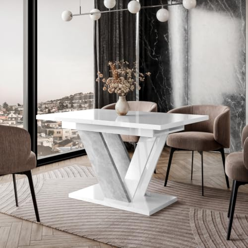 PROROOM FURNITURE Dubai Eleganter Ausziehtisch 120-160x80 cm Großer Esstisch Loft Stil Weiß Hochglanz Betonoptik