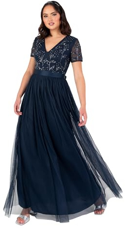 Maya Deluxe Damen Women's Maxi Ladies Floral Sequin Embellished V-Neck Short Sleeve Tulle Sash Tie Belt Empire A-line Bridesmaid Dress, Navy Blue, 40 EU