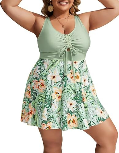 Hanna Nikole Tankini dam stora storlekar, tvådelade baddräkter, trosor badklänning med badshorts, magkontroll, badkläder med justerbara bröst, dragsko och axelband, strandmode, Rosa blommor på grön