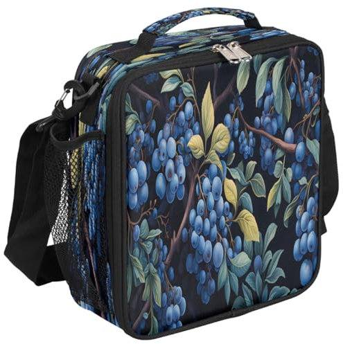 Mexpekil Blueberry Sac à déjeuner isotherme pour enfants et filles Motif feuilles de fruits et feuilles de fruits Sac fourre-tout isotherme Sac isotherme Sac isotherme Sac à déjeuner pour l'école et