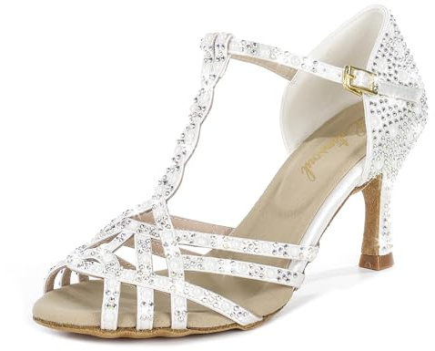 Latinsoul Y205-34 Women's Crystal Embellished Latin Dance High Heel Shoes - Stylish Design Adjustable Ankle Strap Dance Shoes Colour Ivory,Size 5.5 UK/39 EU
