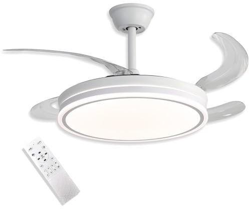 VZLED Ventilador de Techo 42 LED 48W Blanco – Motor DC Silencioso, Aspas Transparentes retráctiles, 6 Velocidades, Reversible, Mando a Distancia