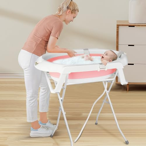 Bañera Bebé, Bañera multifuncional con Soporte de Patas 80cm + Bañera + Cojín, Bañera Bebe Para Recién Nacidos de 0 a 24 Meses (Rosa, 63 * 60 * 84.5cm)