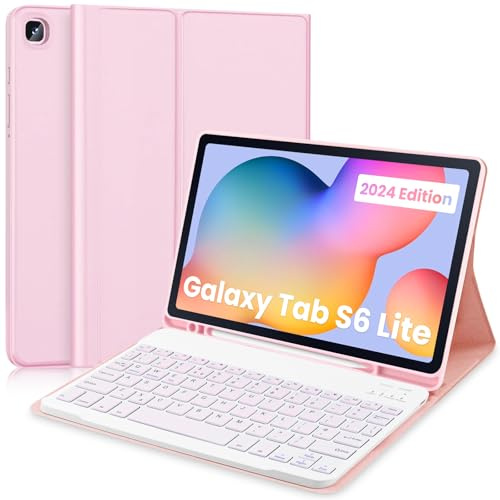 Keyboard Case for Samsung Galaxyy Tab S6 Lite 10.4 2024, Pink | Leather Cover with Magnetically Detachable Wireless Keyboard with S-Pen Holder for Galaxy Tab S6 Lite 2024/2022/2020