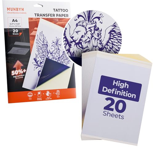 MUNBYN Premium-HD 20 Blatt Tattoo Transferpapier, A4 Stencil Papier, Tattoo Papier für Tattoo Drucker, Tattoo Zubehör für Stencil Drucker