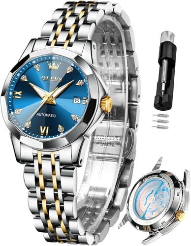 OLEVS Damen-Automatikuhr, Diamant-Edelstahl, selbstaufziehend, leuchtend, wasserdicht, L9982: Zweifarbiges Band und blaues Zifferblatt