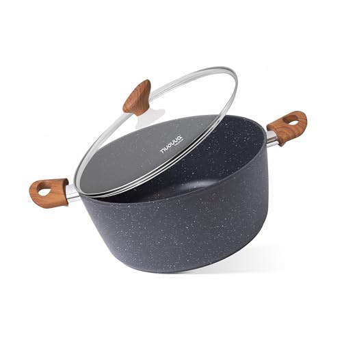 Non Stick Cooking Pots with Glass Lid – 7.4 Quart Induction Hob Stock Pot – Kitchen Deep Casserole Cookware – 28cm, Marble – by Nuovva