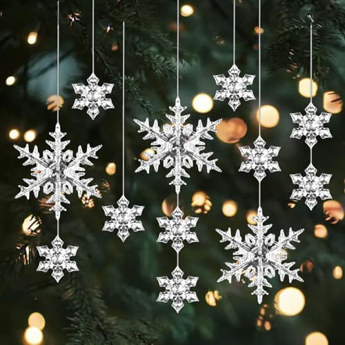 SSKHE 25pcs Christmas Tree Decorations Crystal Ornaments Acrylic Snowflake Hanging Christmas Decoration Snowflake Icicle Drop for Xmas Tree Winter Holiday Party Decorations