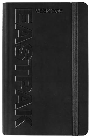 EASTPAK, offizieller Eastpak Terminplaner 2026, Wochenplaner 12 Monate, Wochenplaner mit 192 Seiten, elastisch, Tasche, Lesezeichen, Kalender 2026 und 2027, Format 9 x 14 cm, Schwarz
