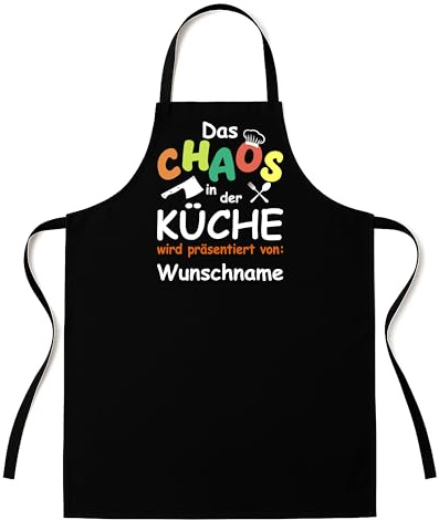 Personalisierte Grillschürze für Männer – Lustiger Spruch: Das Chaos in der Küche wird präsentiert von Wunschname – Hochwertige Kochschürze | Schwarz | Geschenkidee für Grillfans, Geburtstag, Vatertag