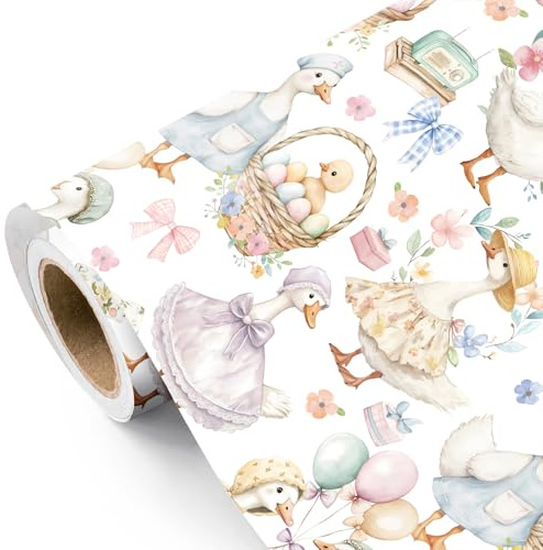 RUSPEPA Rotolo Di Carta Da Regalo Pasquale Silly Goose - 43,2 Cm X 5 M - Carta Da Regalo Con Fiori Acquerello, Uova, Fiocco E Oca Sciocca, Perfetta Per Pasqua, Primavera, Compleanni Per Bambini