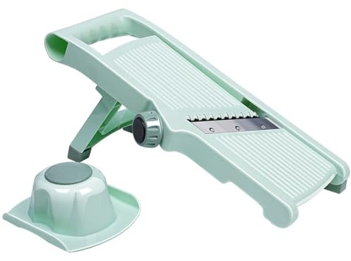 URPIZY Cortador de verduras multifunción ajustable con soporte de seguridad para cebollas, zanahorias, patatas, 2 métodos de corte (rodajas/tiras), de ABS y acero inoxidable 304, color verde