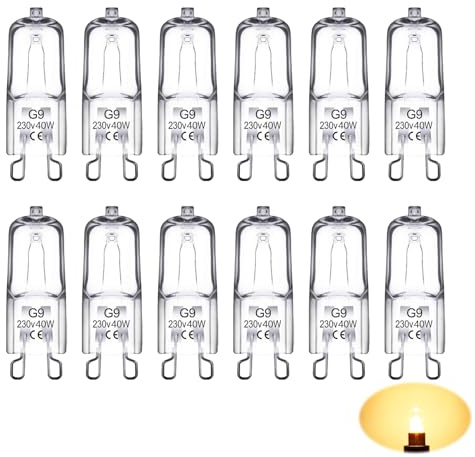 TASSFROO 12 Stück G9 Halogen Leuchtmittel, G9 Backofenlampe 40W 230V Halogen Oven Lampe Halogens 40W Kapsel Glühbirne Dimmbar Deckenleuchten Leuchter für Backofenlampe Deckenleuchten Leuchter