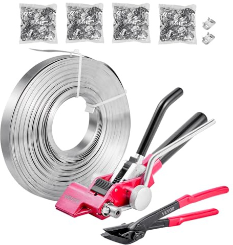 VEVOR Set di Reggiatura per Cinghie Metalliche, Kit di Reggiatrice Manuale per Pallet Resistente, Reggetta in Acciaio da 122 m, 400 Sigilli Metallici, per Magazzino Trasporto e Imballaggio Industriale
