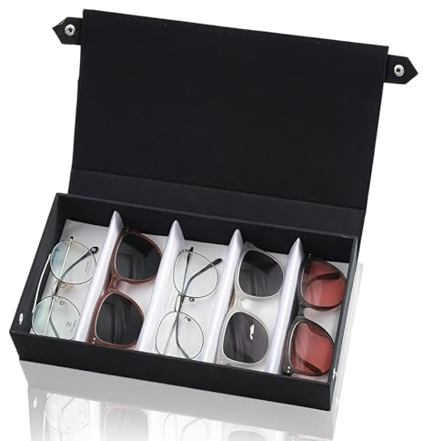 Dwitkul Boîte Rangement Lunettes 5 Compartiments Étui de Voyage pour Lunettes de Soleil Organisateur avec Couvercle pour Femme et Homme pour Ranger Montres, Bagues, Bijoux, Broches