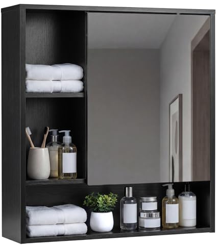Multigot Bathroom Mirror Cabinet (Black) | Wall Mounted Wooden Storage Cupboard with Door and 3 Open Shelves, Hanging Medicine Cabinet