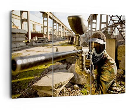 Bilder auf Leinwand 165x110cm Leinwandbild Paintball Pistole Spieler Groß XXL Wanddeko Bild Schlafzimmer Set 3 teilige Wandbilder Dekoration Wohnzimmer Canvas Wand Kunstdruck Art CE165x110-0140