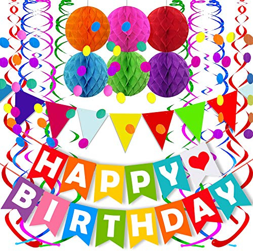 FECEDY Colorful Happy Birthday Banner Paper Triangle Flag Bunting Circle Confetti Dots Hanging Garland And Honeycomb Ball Swirl Streamers for Birthday Baby Shower Party Decoration
