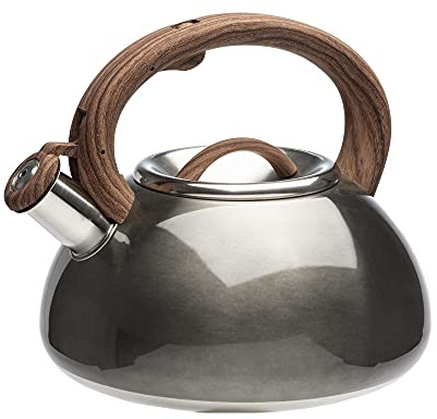 Primula Avalon Whistling Stovetop Tea Kettle, Food Grade Stainless Steel Wide Mouth, Fast to Boil, Cool Touch Handle, 2.5-Quart, Gunmetal Grey and Wood-Look
