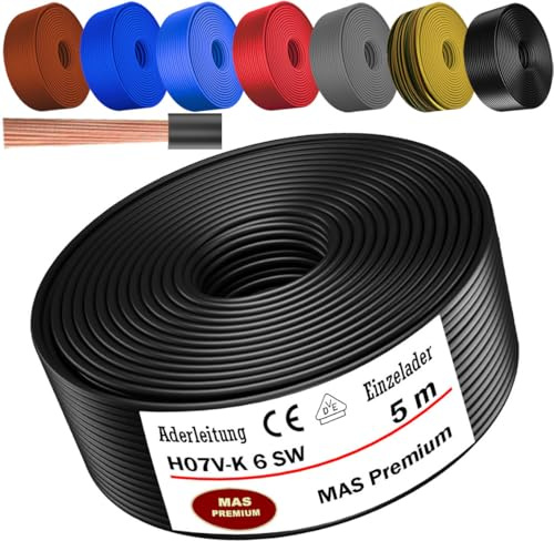 MAS Premium Von 5 bis 100m Aderleitung H07 V-K 6 mm² Schwarz Braun Dunkelblau Grüngelb Grau Rot Orange oder Hellblau Einzelader flexibel (Schwarz, 5m)