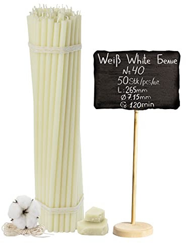 №40-50 Stk. Weiße Bienenwachskerzen-Kollektion: Traditionelle Stab- und Haushaltskerzen, Ritualkerzen sowie farbige Wachskerzen ein Set für Rituale L-26,5 cm Ø-7,15 mm, 120 Min Brenndauer