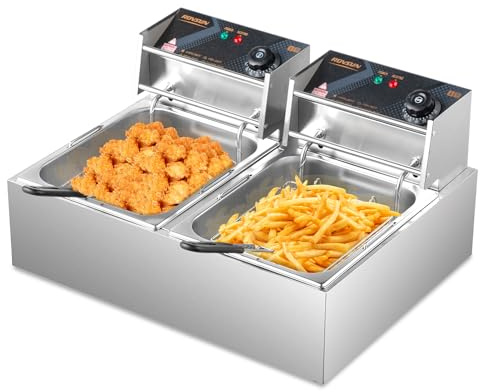 ROVSUN 22.8QT/21.6L Electric Deep Fryer, Commercial Deep Fryer with Baskets Lids Countertop, Stainless Steel Dual Tank Kitchen Fat Fryer Frying Machine for French Fries Donuts, Adjustable Temp, 3400W