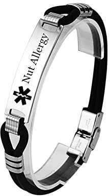 KBNSUIAN Engravable Medical Alert ID Nut Allergy Awareness Namplate Silicone Bracelet Bangle for Women Men Personalised Medic Conditions Identification Wristband Unisex Meds Jewellery SOS, 8.26 Inch