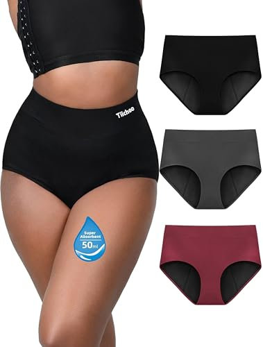 TIICHOO Periodenunterschwäsche Starke Blutung Hohe Taille Periodenslip Inkontinenz Unterwäsche 3er Pack (40, Schwarz/Grau/Burgund)