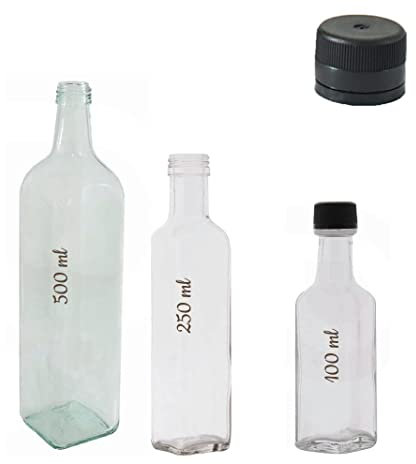 ESENCIA ANDALUSI Botellas vacías, Botella de Vino Botella de Licor Botella Aceite Botella cerveza, Cristal, tapón, Botella Vidrio Marasca 500 ml, 250 ml y 100 ml (100 ml - 12 Unidades)