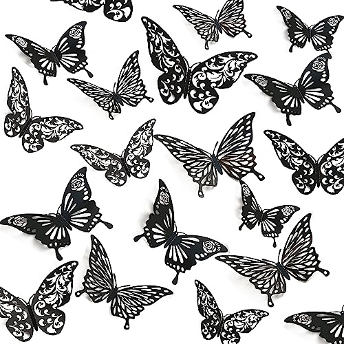 DITK-U 36 Pcs 3D Butterfly Wall Decor Black Hollow Removable Butterfly Wall Stickers for Party Birthday Baby Shower Bedroom Wedding Crafts Decor