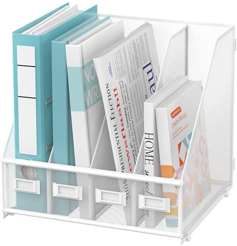 SUPEASY Zeitschriftenhalter, Ordnerhalter, Metall, Schreibtisch-Organizer mit 4 Fächern, Akten-Organizer für Büro, Zuhause, Schule, Weiß Plus