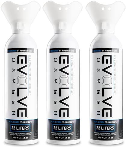 EVOLVE 22-Liter Pure Oxygen Canister with Breathing Cup | Portable Oxygen Can | Ideal for Home Use and Outdoor Activities | Designed by Firefighters | Made in The USA | Pack of 3