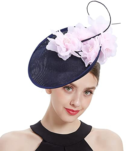 ELLYDOOR Fascinator für Damen, Netzschleife, Strass, Feder, Hochzeit, Teeparty, Derby, Hut, Clip, Stirnband, 020 Navy Blue Pink, Einheitsgröße