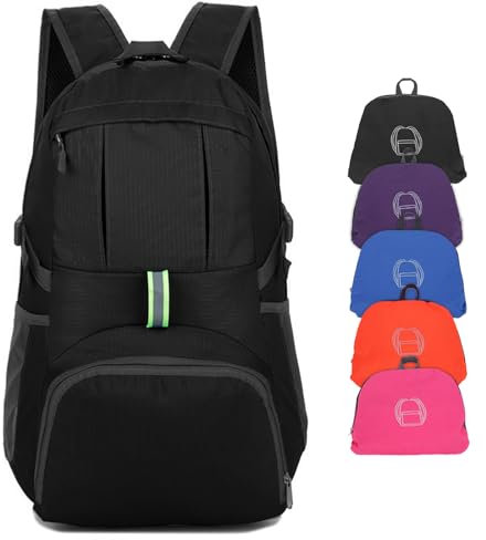 Yoolly Lightweight Foldable Backpack, Waterproof Packable Backpack for Men Women Kids, Durable Hiking Rucksack for School, Outdoor Sports, Travelling, Camping Biking Walking (Black)