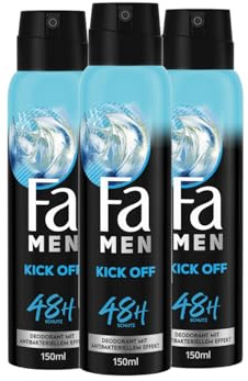 Fa Men Deodorant & Bodyspray Kick Off (3x 150 ml), Deospray mit aktivierend-frischen Duft, Deo ohne Aluminium für bis zu 48 h Schutz, hinterlässt keine Rückstände