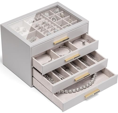 Vlando Portagioie Grande con 4 Ripiani e 4 Cassetti - Scatola Organizzatrice Gioielli Moderna in Bianco con Coperchio in Vetro Temperato - per Collane, Orecchini, Bracciali, Orologi (grigio)