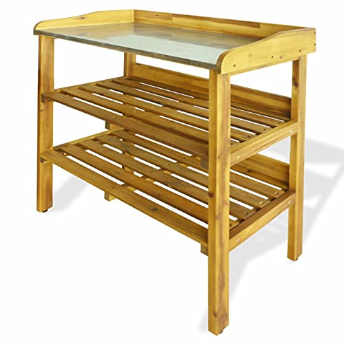 ShCuShan Pflanztisch mit 2 Ablageböden Akazie Msssivholz und Zink Garten Terasse Gartenarbeit Pflanzen für Garten Terrasse Balkon