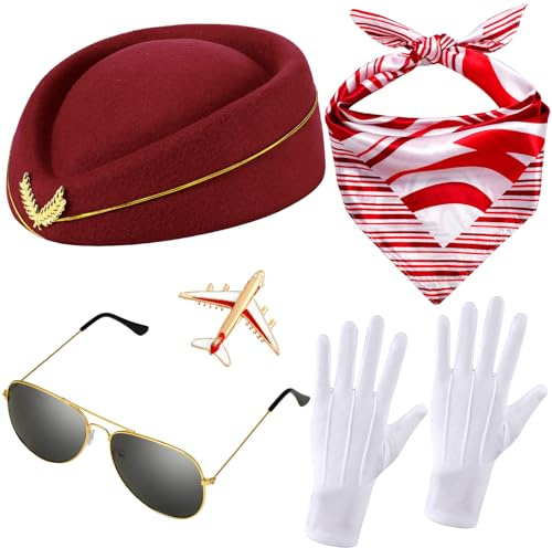 Bencailor 7 Pcs Women Flight Attendant Costume Accessories Stewardess Outfits Bellhop Hat Scarf Sunglasses Gloves(Wine Red)