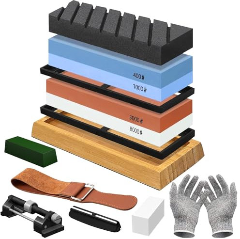 UCAMP Piedra de Afilar Cuchillo,Afilador De Cuchillos,Grano 400/1000 3000/8000,Base Antideslizante,Guía de Ángulo,Correa de Cuero,Guantes Anticorte,Pasta Pulidora,Guía de Afilado,Piedra para Aplanar