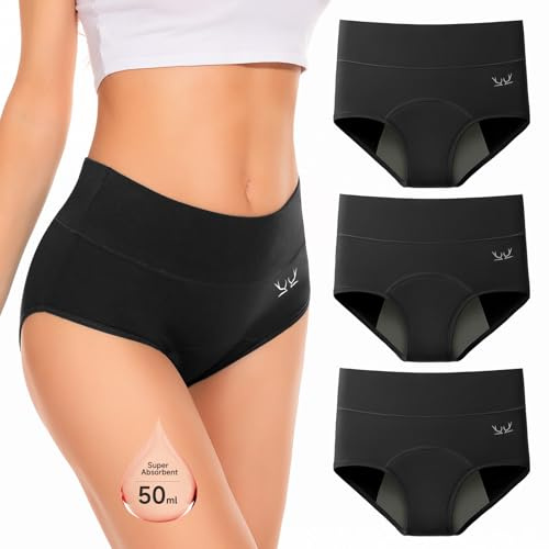 RUIXUE Culotte Menstruelle en Coton = 3-5 tampons, 3PCS Taille Haute Culotte de Règles lavables, Flux léger à abondant, sous Vetement Écologique 4 Couches Anti-Fuite pour Regle